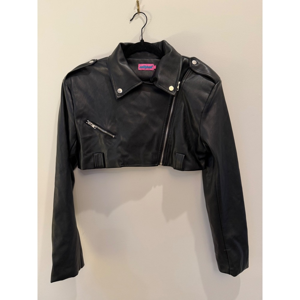Edikted Black Soft Faux Leather Cropped Moto Biker Jacket Asymmetric Zip Small
